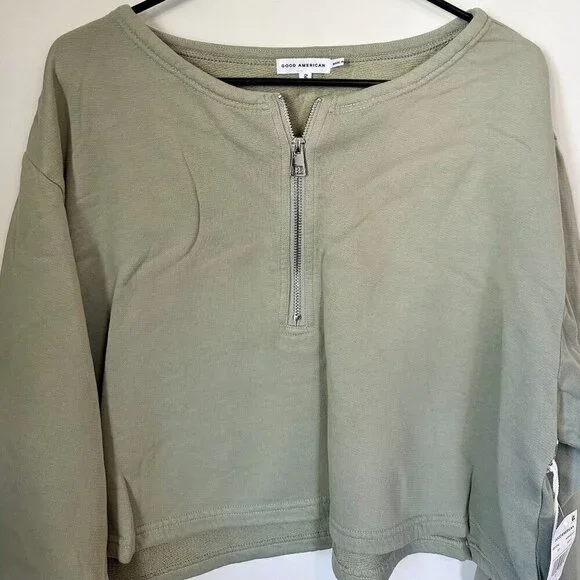 NWT Good American Essentials Green Collarless Half Zip Sweatshirt - Size 2 (M)